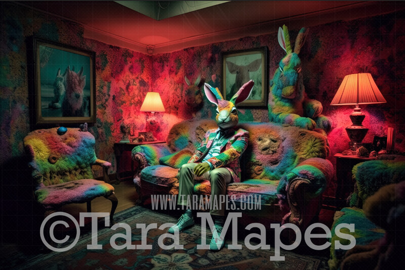 Psychedelic Easter Bunny Digital Backdrop -  Trippy Easter Bunny in Funky Room - Easter Digital Background / Backdrop JPG