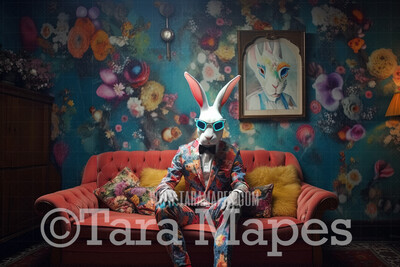Psychedelic Easter Bunny Digital Backdrop -  Trippy Easter Bunny in Funky Room - Easter Digital Background / Backdrop JPG