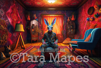 Psychedelic Easter Bunny Digital Backdrop -  Trippy Easter Bunny in Funky Room - Easter Digital Background / Backdrop JPG