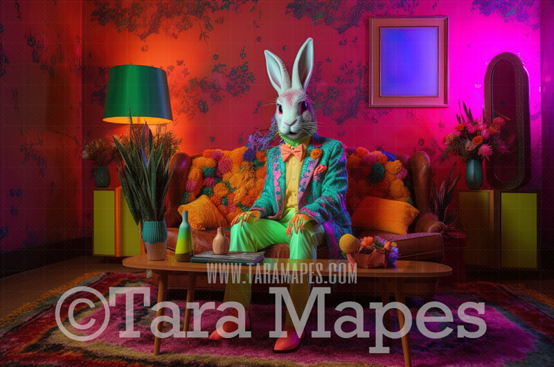 Psychedelic Easter Bunny Digital Backdrop -  Trippy Easter Bunny in Funky Room - Easter Digital Background / Backdrop JPG