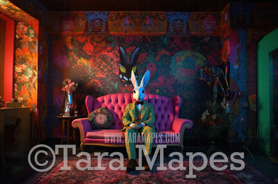 Psychedelic Easter Bunny Digital Backdrop -  Trippy Easter Bunny in Funky Room - Easter Digital Background / Backdrop JPG