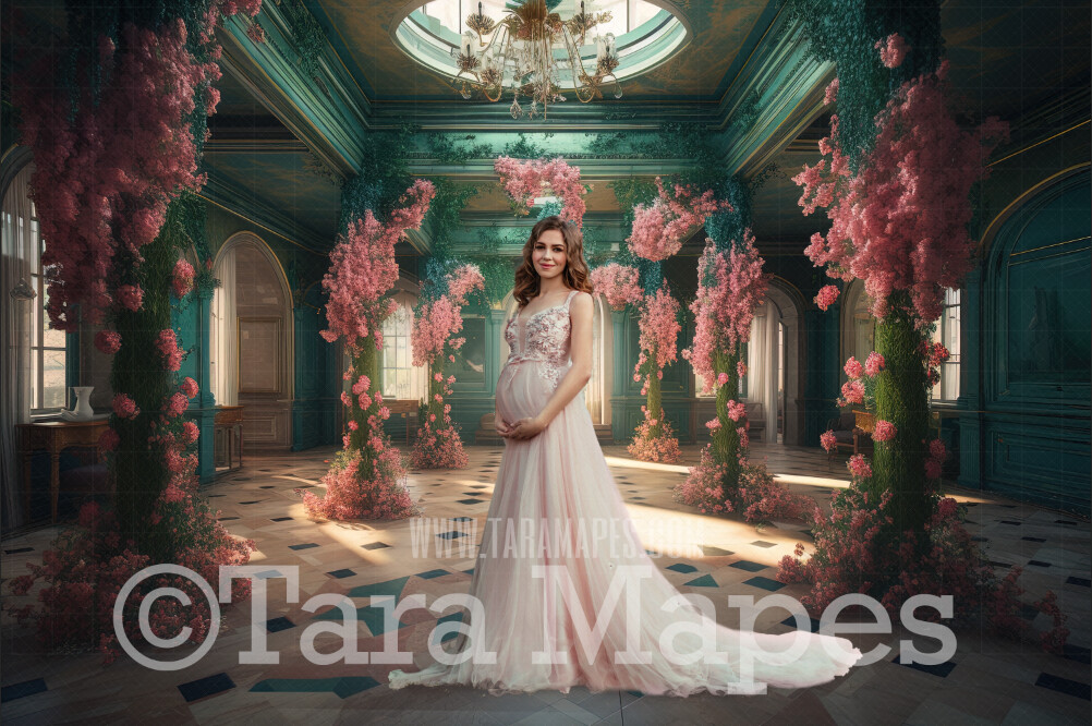Floral Teal Room Digital Backdrop - Room of Pink Flowers and Vines - Ornate Victorian Garden Room Digital Background JPG