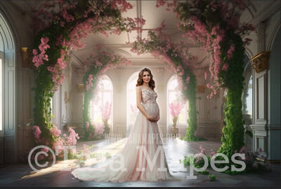 Floral Room Digital Backdrop - Room of Pink Flowers and Vines - Ornate Victorian Garden Room Digital Background JPG