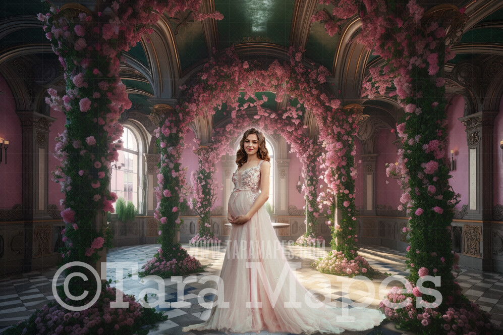 Floral Pink Room Digital Backdrop - Room of Pink Flowers and Vines - Ornate Victorian Garden Room Digital Background JPG