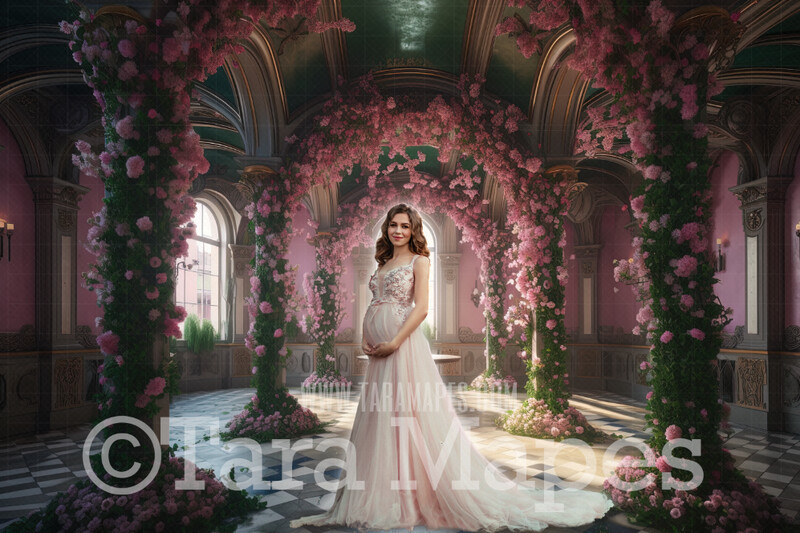 Floral Pink Room Digital Backdrop - Room of Pink Flowers and Vines - Ornate Victorian Garden Room Digital Background JPG