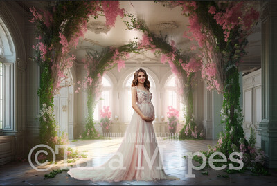 Floral Room Digital Backdrop - Room of Pink Flowers and Vines - Ornate Victorian Garden Room Digital Background JPG