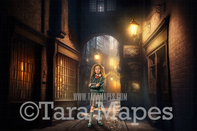 Wizard Alley Digital Backdrop - Wizard Street of Shops Magical Scene  - Castle Digital Background