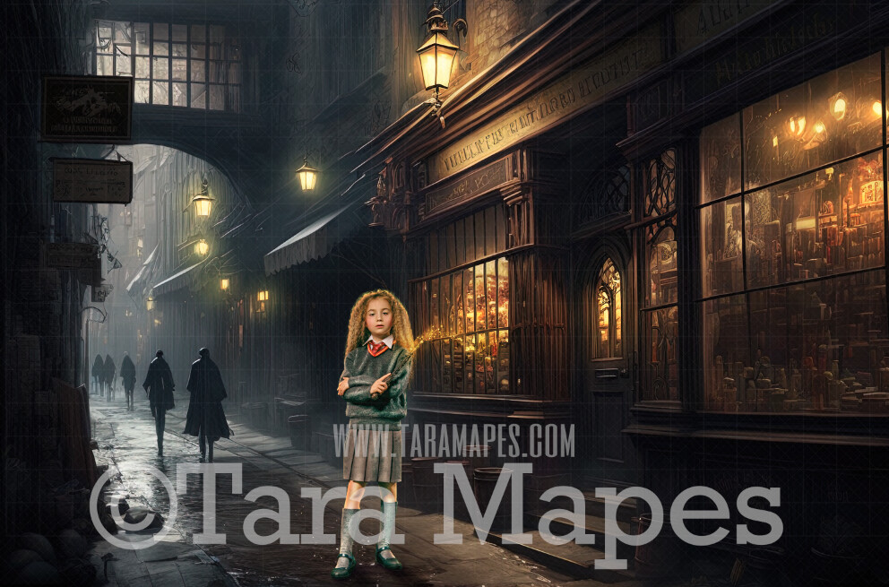 Wizard Alley Digital Backdrop - Wizard Street of Shops Magical Scene - Castle Digital Background