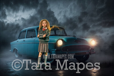 Teal Vintage Car Digital Backdrop - Old Car on London Road - Antique Car Digital Background