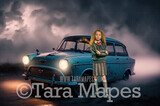 Teal Vintage Car Digital Backdrop - Old Car on London Road - Antique Car Digital Background