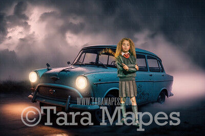 Teal Vintage Car Digital Backdrop - Old Car on London Road - Antique Car Digital Background