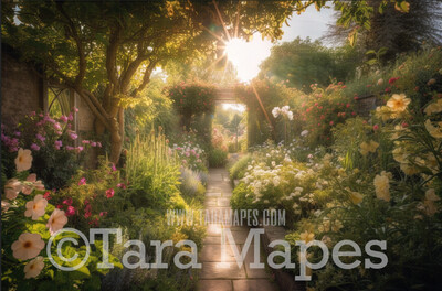 Garden Path Digital Backdrop  - Garden of Flowers with Sunlight - Beautiful Garden Digital Background JPG