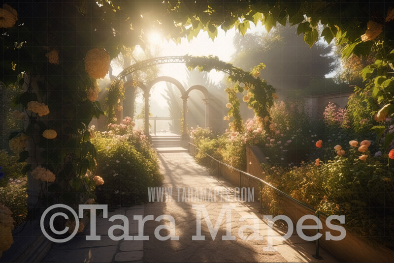 Garden Path Digital Backdrop  - Garden of Flowers with Sunlight - Beautiful Garden Digital Background JPG