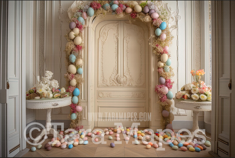 Easter Door Digital Backdrop - Whimsical Pastel Easter Themed Door with Easter Egg Garland - Easter Door Digital Background JPG - Easter Digital