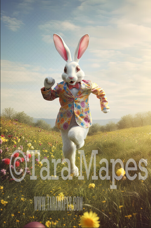 Easter Bunny Digital Backdrop -  Easter Bunny wearing Suit jacket and tie in Field - Funny Easter Bunny Digital Background / Backdrop JPG
