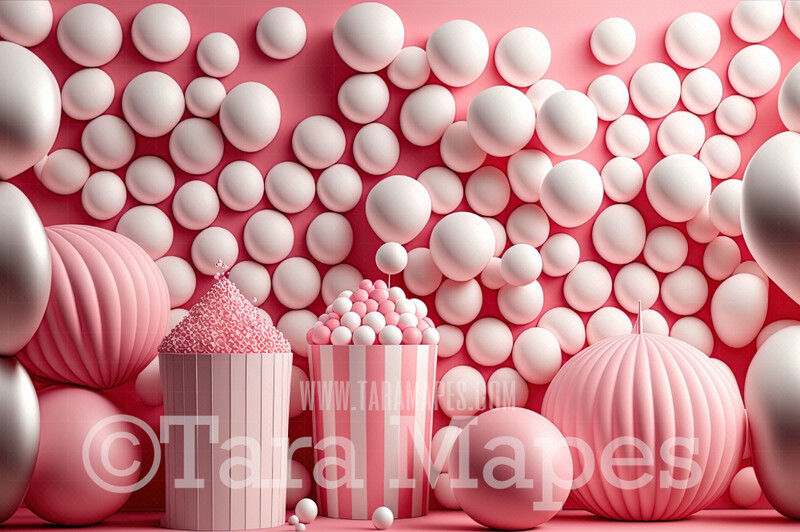 Balloon Digital Backdrop - Pink and White Balloons  and Candy - Pink Balloons Digital Background JPG
