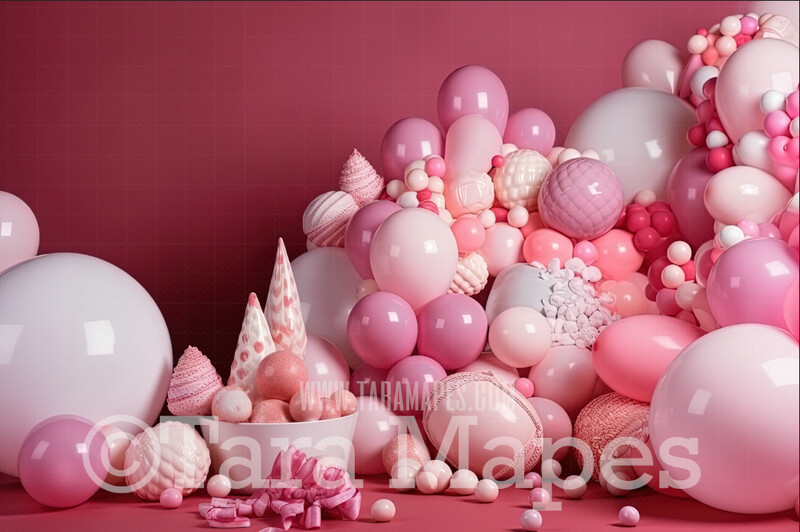 Balloon Digital Backdrop - Pink and White Balloons and Candy - Pink Balloons Digital Background JPG