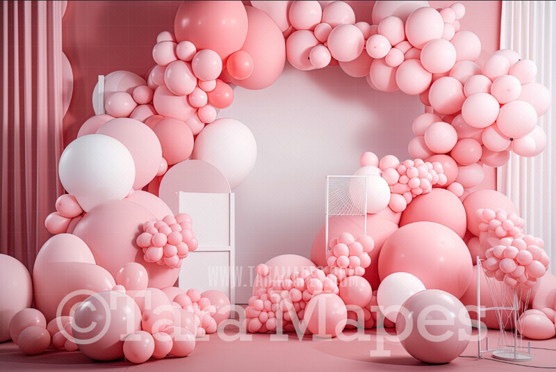 Balloon Digital Backdrop - Pink and White Balloon Arch  - Pink Balloons Digital Background JPG