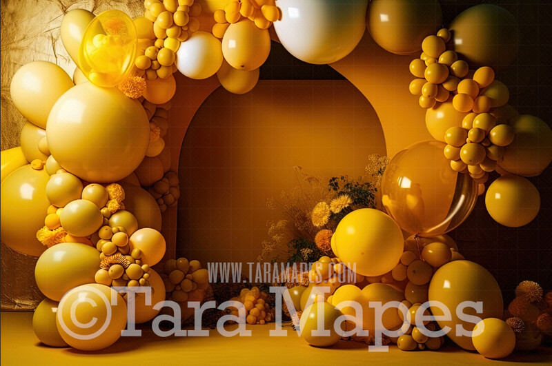 Balloon Digital Backdrop - Yellow Balloon Arch and Flowers Digital Background JPG