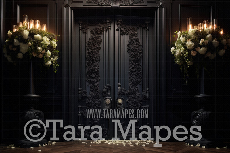 Ornate Black Door Digital Backdrop - Ornate Room with Ivory Flowers - Ornate Door - Ornate Victorian Flowers Room - Gothic Black Ornate Room Digital Background JPG