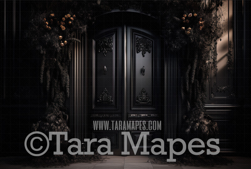 Ornate Black Door Digital Backdrop - Ornate Room with Black Flowers - Ornate Door - Ornate Victorian Flowers Room - Gothic Black Ornate Room Digital Background JPG