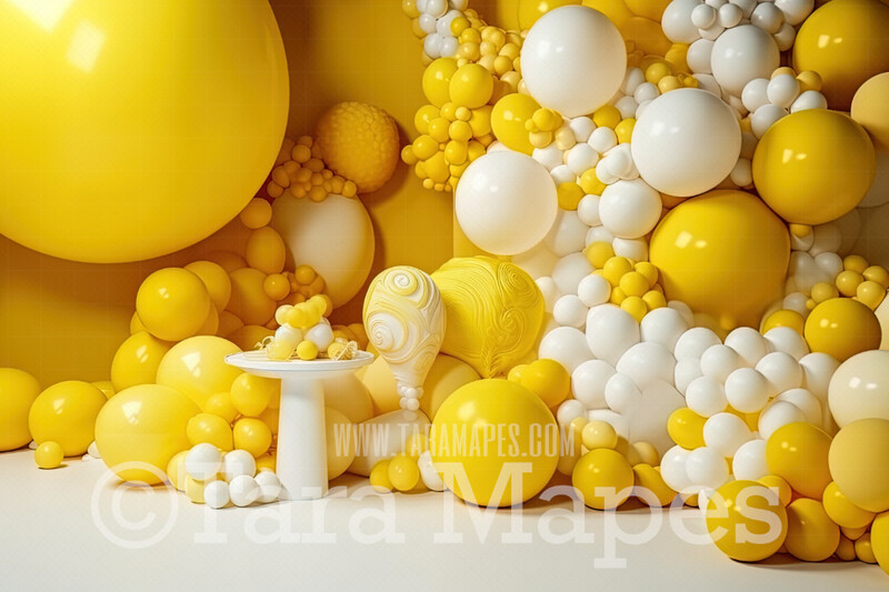 Balloon Digital Backdrop - Yellow and White Balloons and Candy - Balloons Digital Background JPG