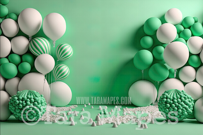 Balloon Digital Backdrop - Green Mint and White Balloons and Candy Digital Background JPG - Shades of Green Balloons Digital Backdrop