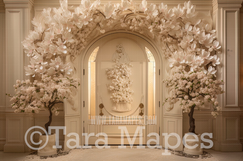 Floral Room Digital Backdrop - Room of Ivory Magnolia Trees - Ornate Door - Ornate Victorian Flowers Room - Magnolia Room Digital Background JPG