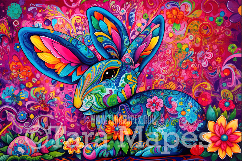 Psychedelic Easter Bunny Digital Backdrop -  Trippy  Bunny on Funky Colorful Digital Background / Backdrop JPG