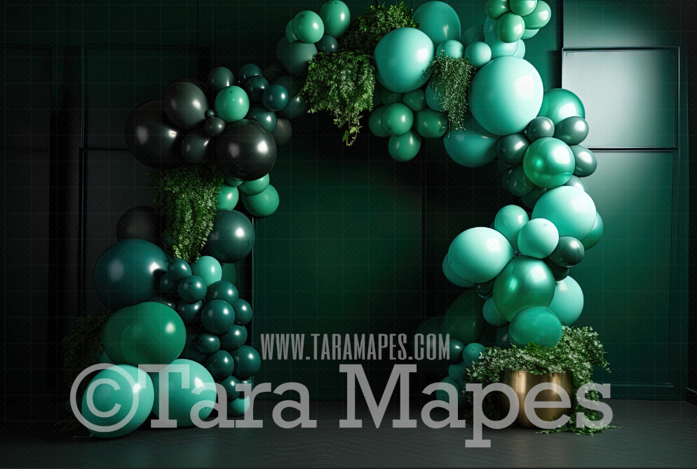 Balloon Digital Backdrop - Green Mint and Forest Green Balloon Arch and Vines Digital Background JPG - Shades of Green Balloons Digital Backdrop