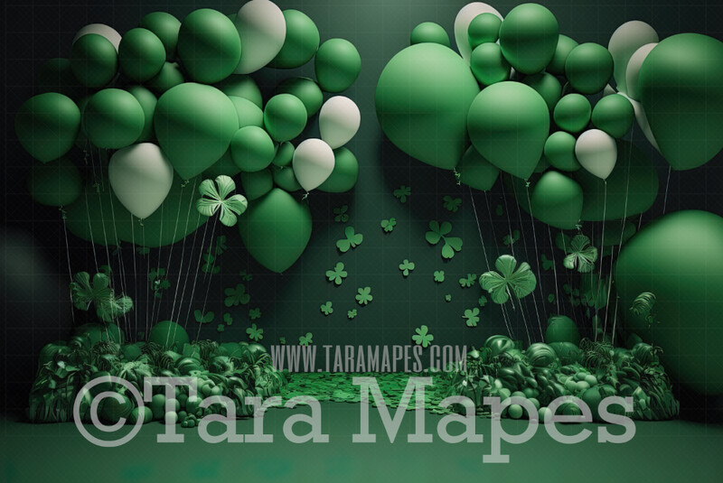 Balloon Digital Backdrop - Green Balloons and Clovers Digital Background JPG - Shades of Green Balloons - St Patrick's Day Digital Backdrop
