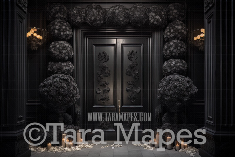 Ornate Black Door Digital Backdrop - Ornate Room with Black Flowers - Ornate Door - Ornate Victorian Flowers Room - Gothic Black Ornate Room Digital Background JPG