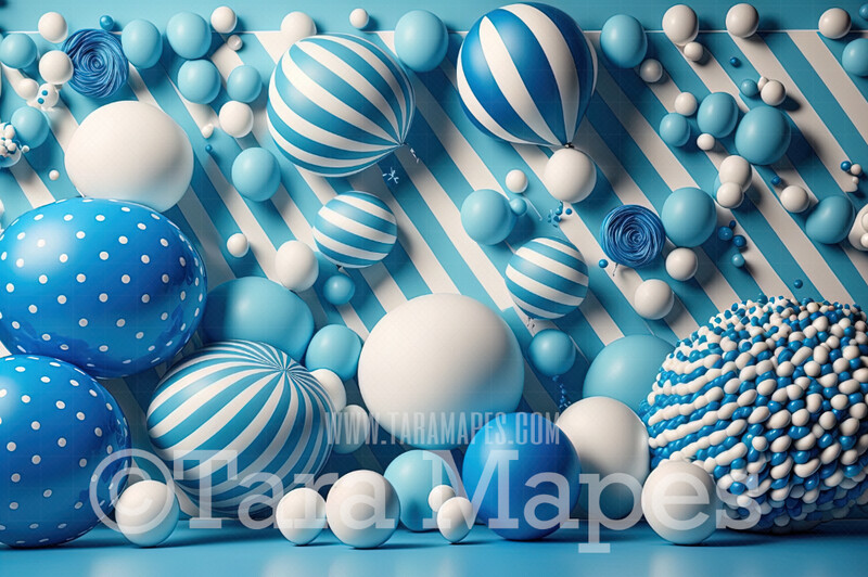 Balloon Digital Backdrop - Blue and White Balloons  - Blue Balloons Digital Background JPG