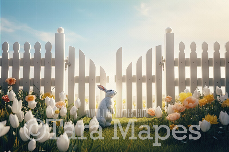 Easter Bunny Digital Backdrop -  Warm Spring Scene with White Picket Fence and White Rabbit -Spring Easter Digital Background / Backdrop JPG