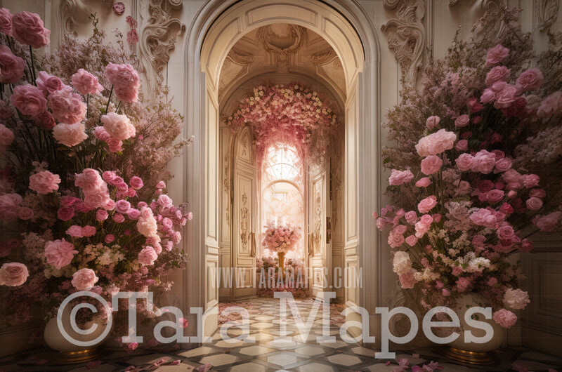 Floral Room Digital Backdrop - Room of Pink Flowers - Ornate Door - Ornate Victorian Flowers Room - Flower Room Digital Background JPG