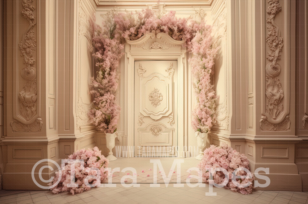 Floral Room Digital Backdrop - Room of Pink Flowers - Ornate Door - Ornate Victorian Flowers Room - Flower Room Digital Background JPG