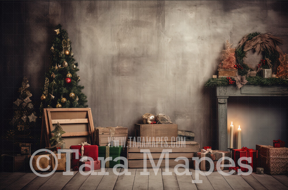 Christmas Studio Digital Backdrop - Rustic Christmas Interior - Christmas Room Digital Background