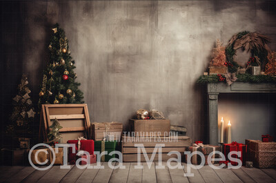 Christmas Studio Digital Backdrop - Rustic Christmas Interior - Christmas Room Digital Background