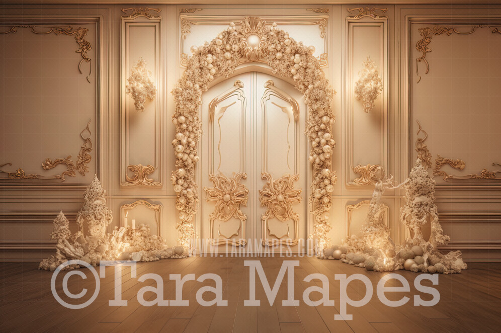 Ornate Christmas Door Digital Backdrop - Ornate Christmas Room Lights and Garland - Ornate Room - Victorian White Christmas Room Door  Digital Background JPG