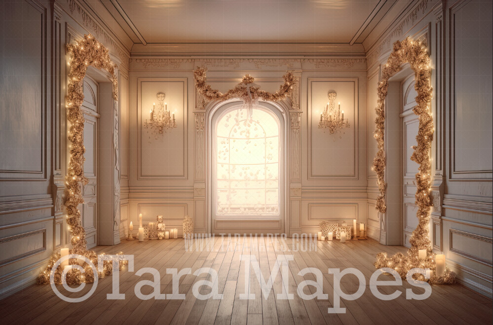 Ornate Christmas Door Digital Backdrop - Ornate Christmas Room Lights and Garland - Ornate Room - Victorian White Christmas Room Door  Digital Background JPG