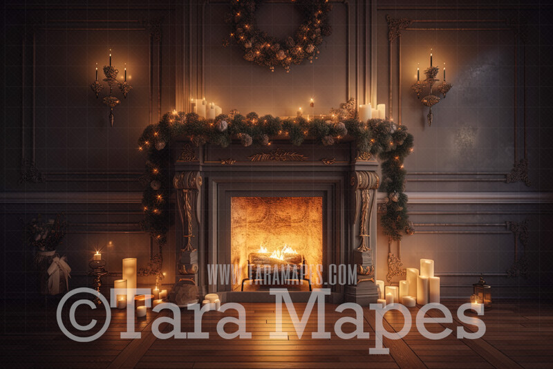 Ornate Christmas Fireplace Digital Backdrop - Ornate Christmas Room  - Christmas Mantle Digital Background JPG