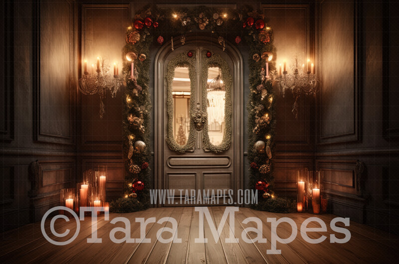Ornate Christmas Door Digital Backdrop - Ornate Christmas Room Lights and Garland - Ornate Room - Victorian Christmas Room Door  Digital Background JPG