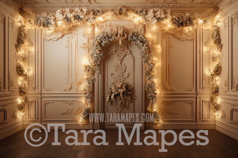 Ornate Christmas Door Digital Backdrop - Ornate Christmas Room Lights and Garland - Ornate Room - Victorian White Christmas Room Door  Digital Background JPG