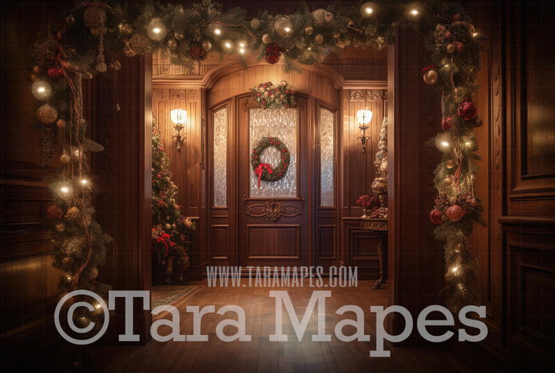 Ornate Christmas Door Digital Backdrop - Ornate Christmas Room Lights and Garland - Ornate Room - Victorian Christmas Room Door  Digital Background JPG