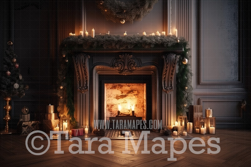 Christmas Fireplace Digital Backdrop - Christmas Room  - Christmas Mantle Digital Background JPG