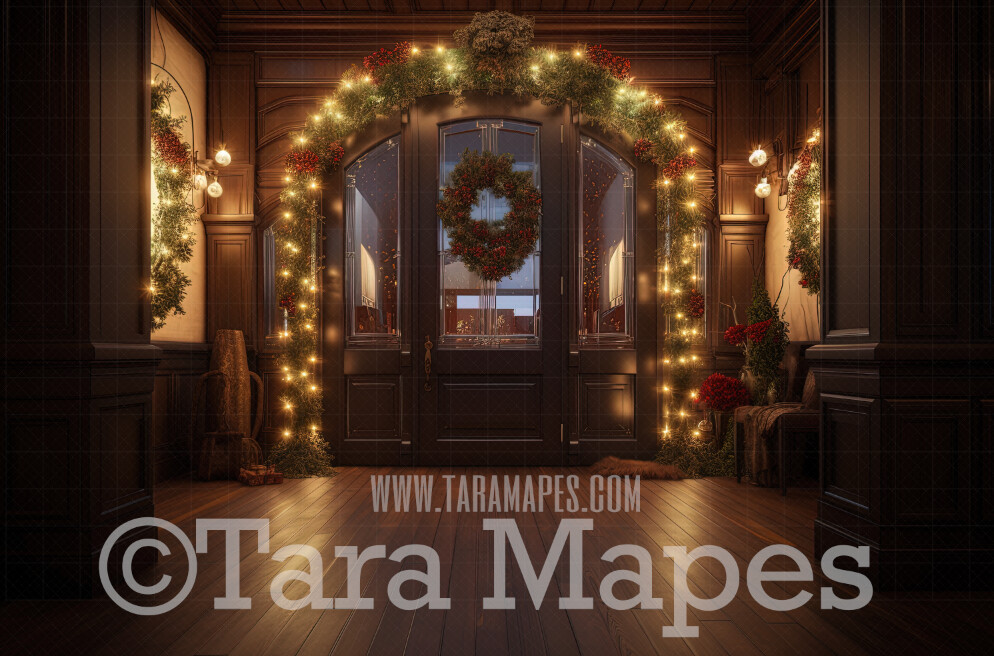 Ornate Christmas Door Digital Backdrop - Ornate Christmas Room Lights and Garland - Ornate Room - Victorian Christmas Room Door  Digital Background JPG