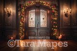 Ornate Christmas Door Digital Backdrop - Ornate Christmas Room Lights and Garland - Ornate Room - Victorian Christmas Room Door  Digital Background JPG