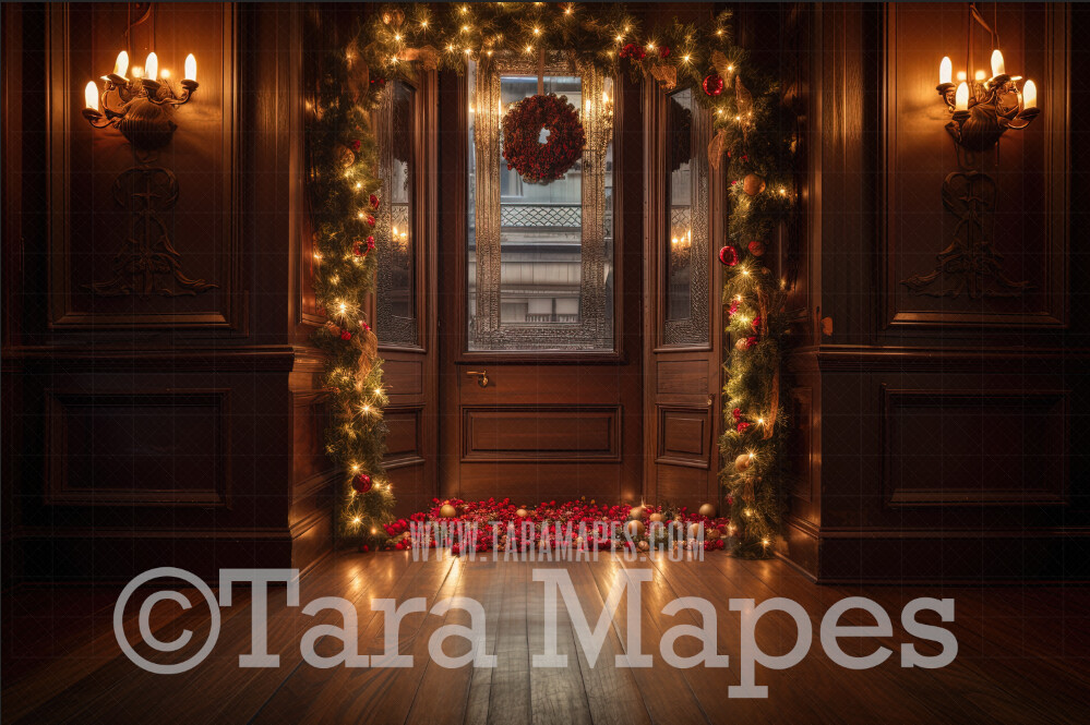 Ornate Christmas Door Digital Backdrop - Ornate Christmas Room Lights and Garland - Ornate Room - Victorian Christmas Room Door  Digital Background JPG