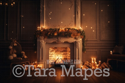 Ornate Christmas Fireplace Digital Backdrop - Ornate Christmas Room  - Christmas Mantle Digital Background JPG