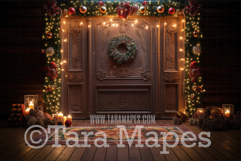 Ornate Christmas Door Digital Backdrop - Ornate Christmas Room Lights and Garland - Ornate Room - Gingerbread Door  Digital Background JPG